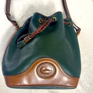 Dooney & Bourke All Weather Leather Shoulder Bag Vintage Drawstring Green Brown